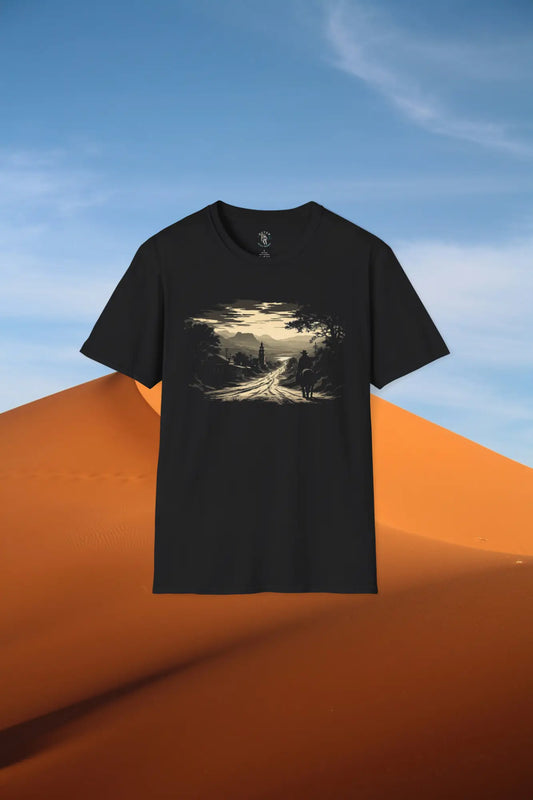 Black t-shirt with landscape graphic.