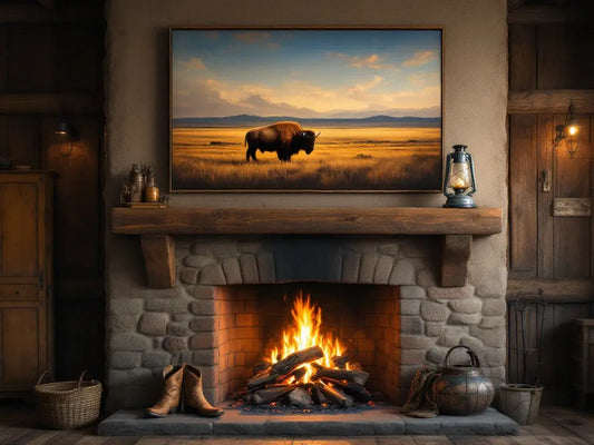 Rustic stone fireplace.