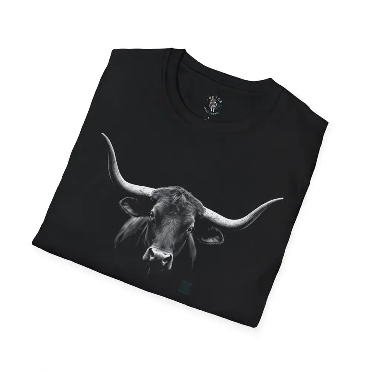 A black t-shirt with a monochrome image of a longhorn bull’s head.