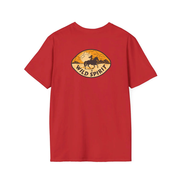 Red T-shirt with Wild Spirit horse graphic in oval print on back