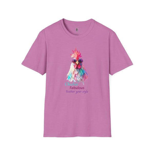 Purple women’s western tee with colorful feathered chicken graphic on front
