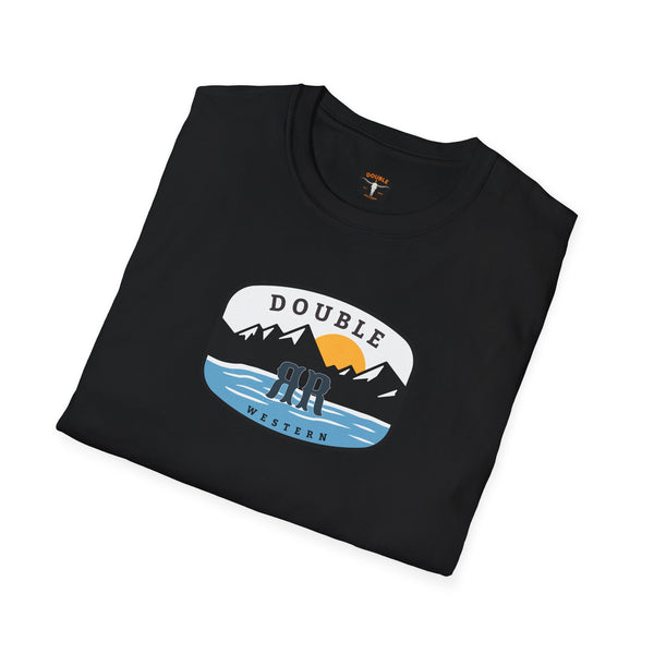 Black western wear T-shirt with large oval logo graphic featuring mountains and blue river