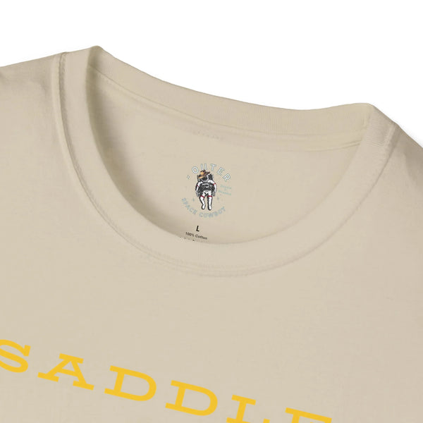 Sand crewneck T-shirt neckline logo patch with small outer space cowboy graphic