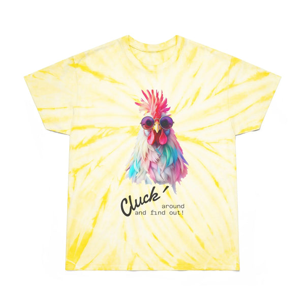 Yellow tie-dye T-shirt with colorful rooster face graphic and “Cluck” text