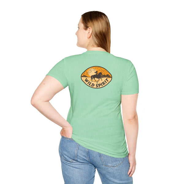 Mint green heavy cotton T-shirt with back Wild Spirit horse graphic in oval logo