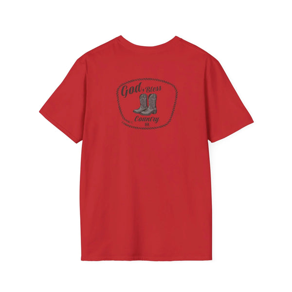 Red heavy cotton T-shirt with “God Bless Country” circular chest graphic