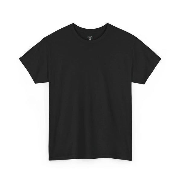 Black crew-neck tee with small collar logo, no visible front graphic