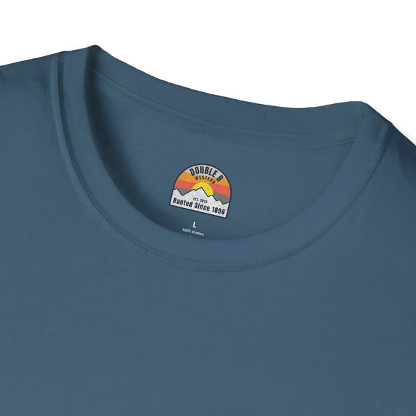 Blue T-shirt neckline and chest logo patch with Double R 1896 graphic