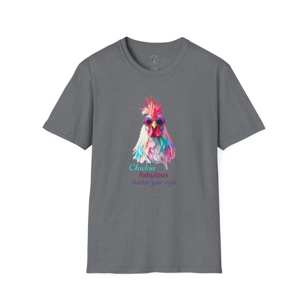Gray women’s western tee with colorful feathered chicken graphic on front