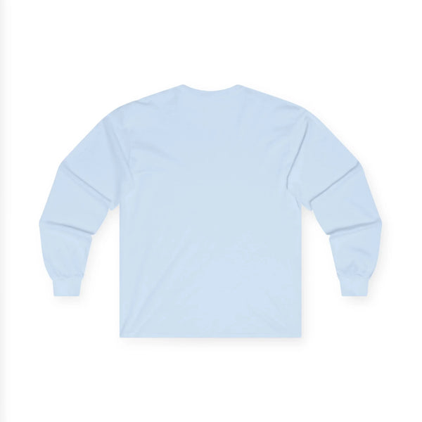 Light blue long-sleeve crewneck T-shirt, blank back view