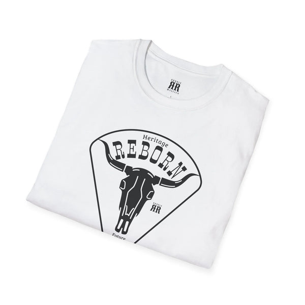 White T-shirt folded flat with REBORN bull graphic in front chest