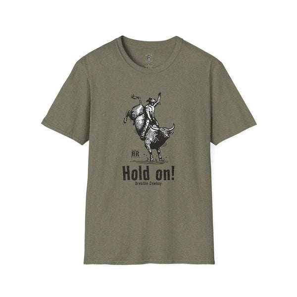 Heather military green men’s western graphic T-shirt with cowboy illustration and “Hold on!” text