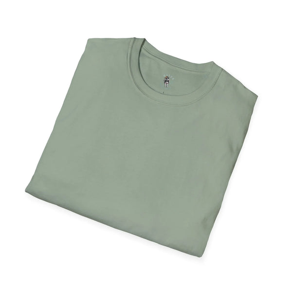 Men's heavy cotton tee in sage green with crew neck and small chest graphic