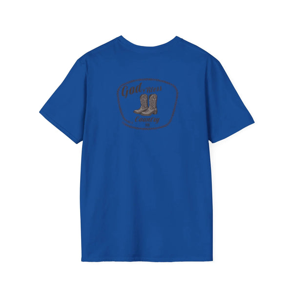 Royal blue heavy cotton T-shirt with “God Bless Country” circular chest graphic