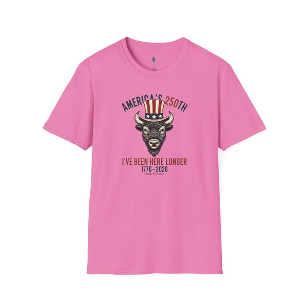 Men's western graphic t-shirt, pink with bison Uncle Sam-style emblem and date text print