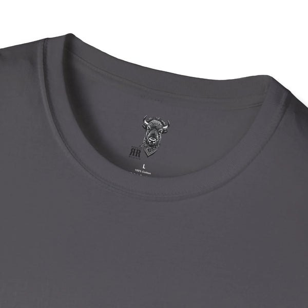 Dark gray T-shirt neckline with small bull head graphic