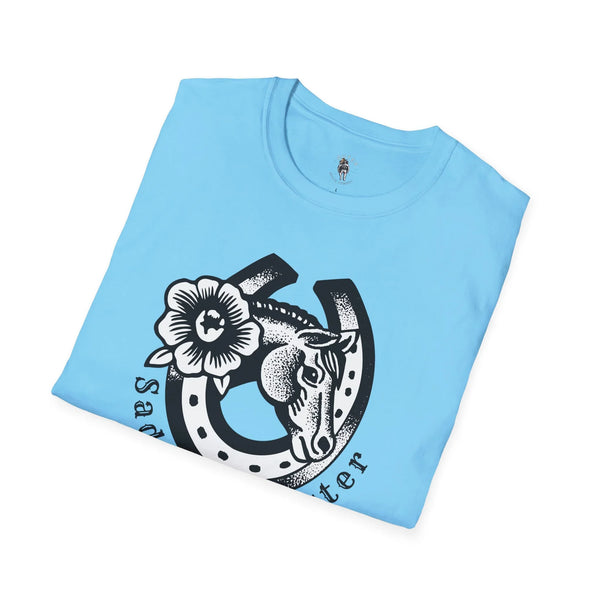Sky blue crew-neck T-shirt with western cowgirl, hat, and flower graphic
