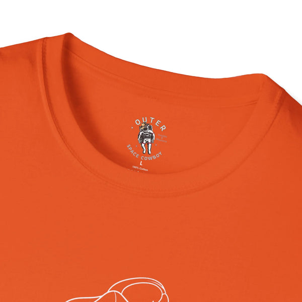 Orange short-sleeve tee neckline with circular "OUTER" space cowboy graphic