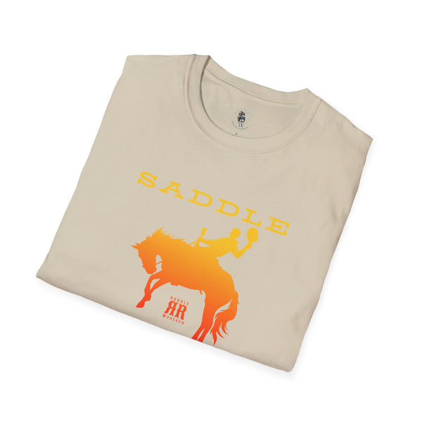 Sand western T-shirt with orange horse rider graphic and yellow 'SADDLE' text