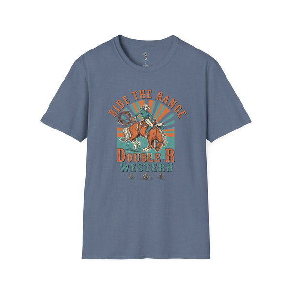 Heather indigo western graphic T-shirt with cowboy on horseback and “Double R Western” text