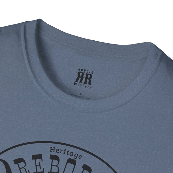 Heather blue crewneck comfort tee neckline with small logo text