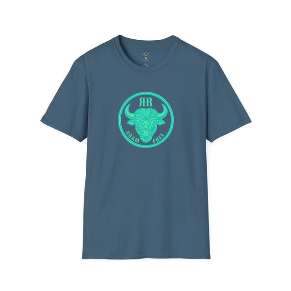 Indigo blue crewneck graphic tee with neon bison badge center front
