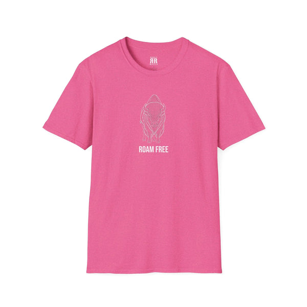 Pink bison graphic western tee with “Roam Free” text on front