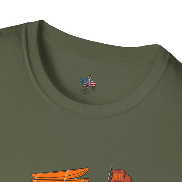 Military green crew-neck T-shirt neckline with small chest logo