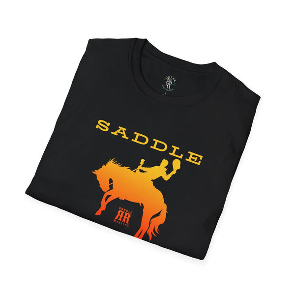 Black crewneck western graphic T-shirt with yellow “SADDLE” and orange horse print