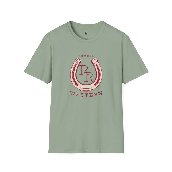 Sage green western horseshoe T-shirt with red Double R graphic and “WESTERN” text