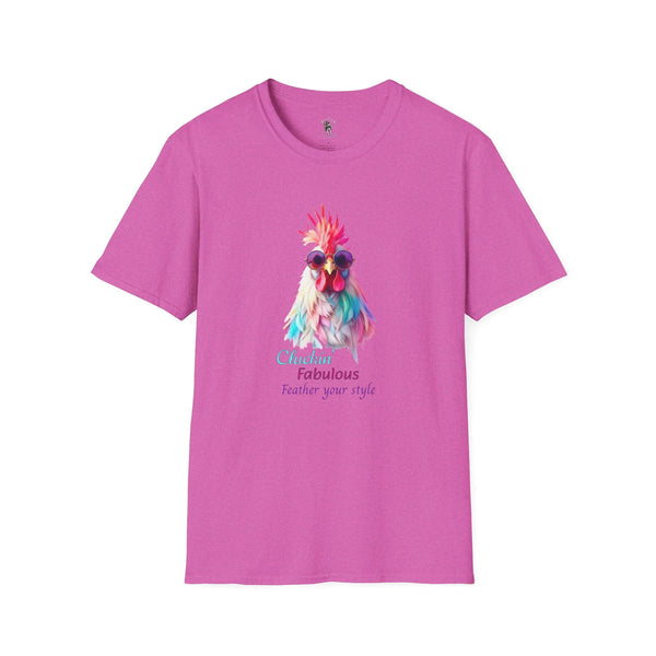 Pink women’s western tee with colorful feathered chicken graphic on front