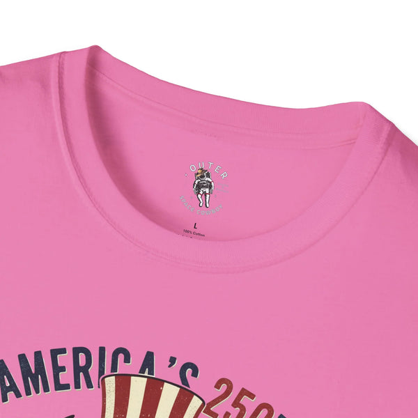 Pink crewneck T-shirt collar logo and partial western bison graphic