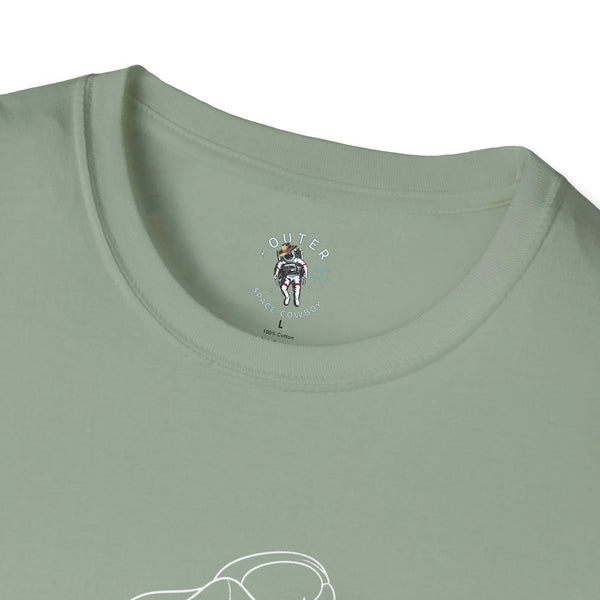 Sage green graphic western tee with small chest cowboy logo at crew neckline