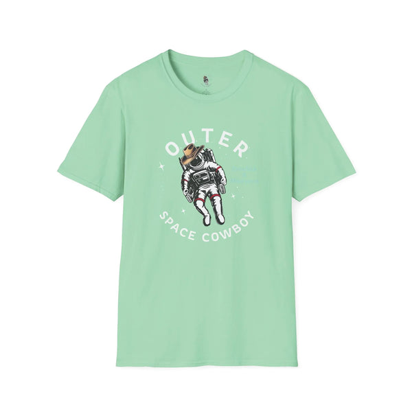 Mint green T-shirt with astronaut cowboy graphic and crew neck