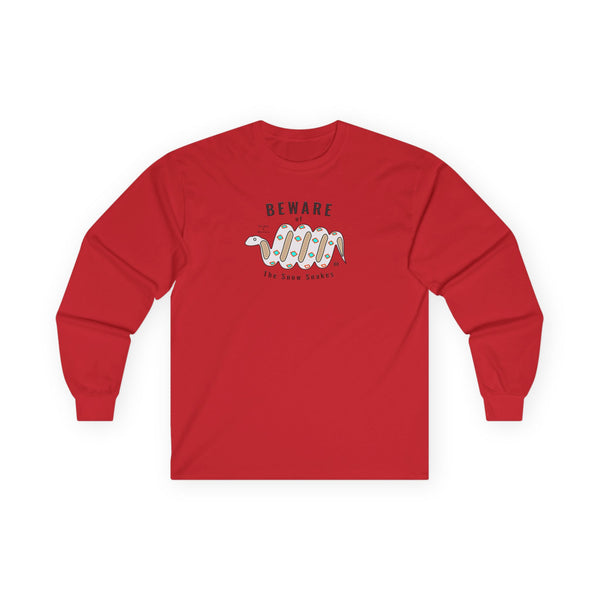 Red long-sleeve tee shirt with “Beware” snow snake graphic on chest
