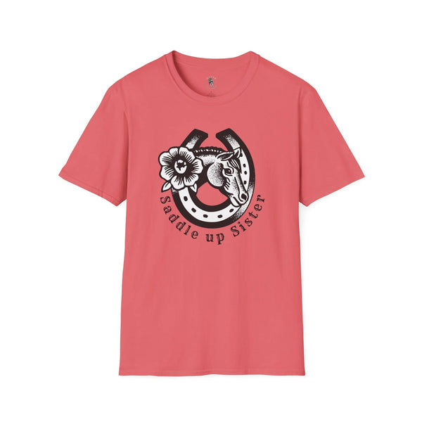 Coral cowgirl graphic T-shirt with horseshoe-style portrait and flower on front