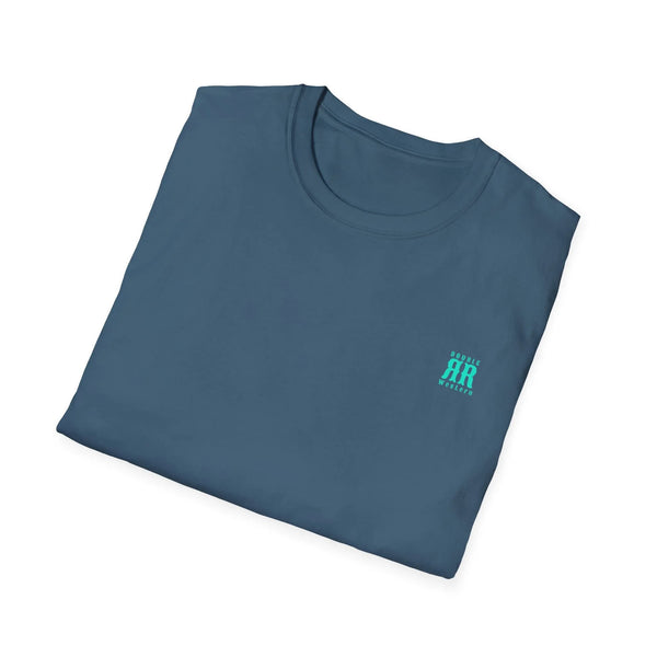 Blue crewneck tee with small turquoise chest logo