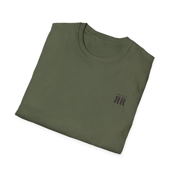 Military green crewneck T-shirt with small dark western "DOUBLE AR" logo on chest