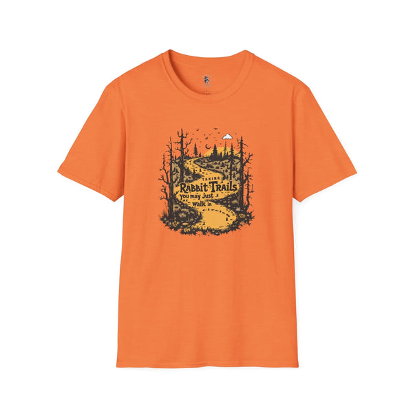Orange softstyle T-shirt with “Rabbit Trails” outdoor forest graphic design