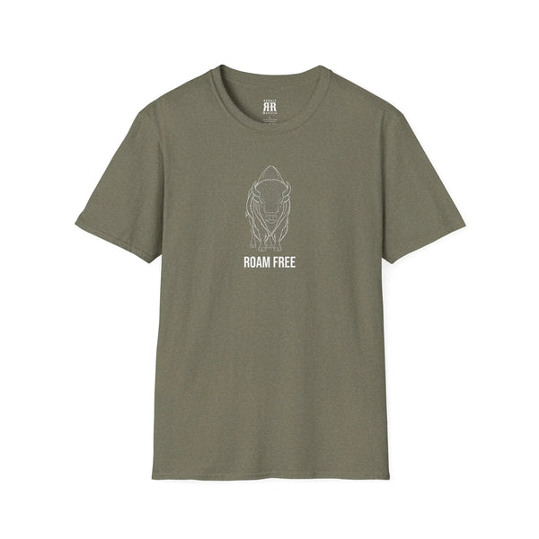 Olive bison graphic western tee with “Roam Free” text on front