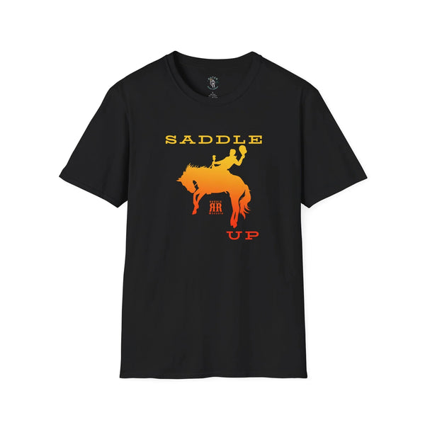 Black crewneck western graphic T-shirt with orange horse rider and text print
