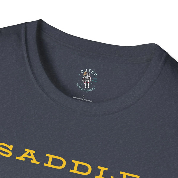 Dark navy T-shirt neckline with small rider logo and partial 'SADDLE' lettering