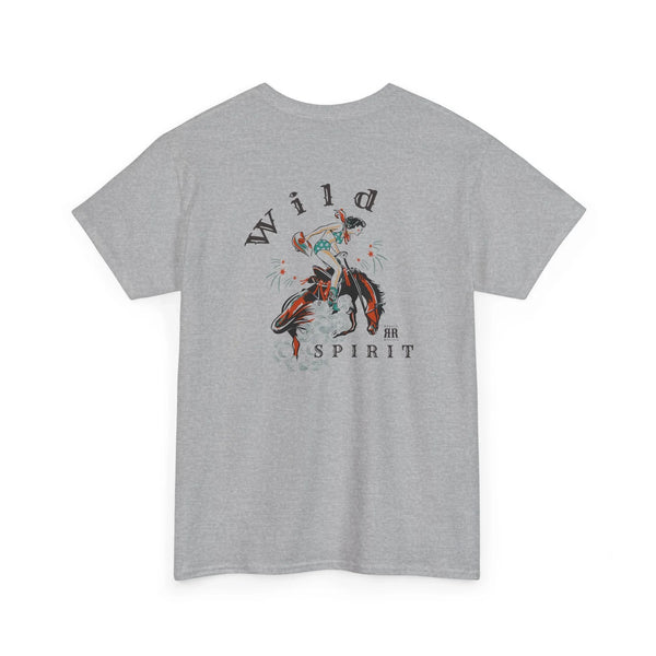 Heather gray crewneck T-shirt with centered back Western graphic and barbed wire text
