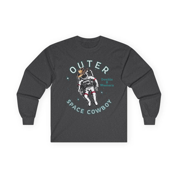 Dark gray long-sleeve graphic tee with cowboy astronaut and “Outer Space Cowboy” text.