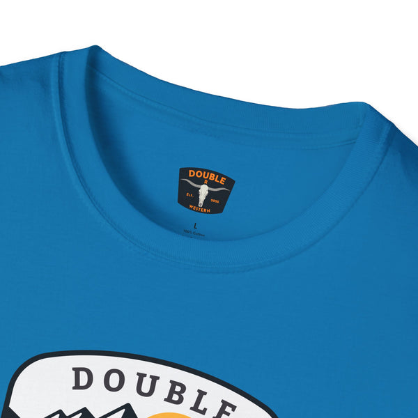 Blue crew-neck western T-shirt collar with Double R Western neck label detail