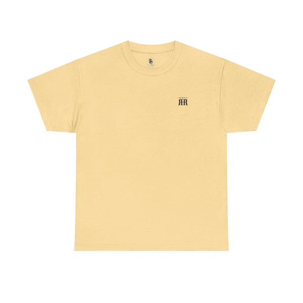 Light tan crewneck T-shirt with small black logo graphic on chest