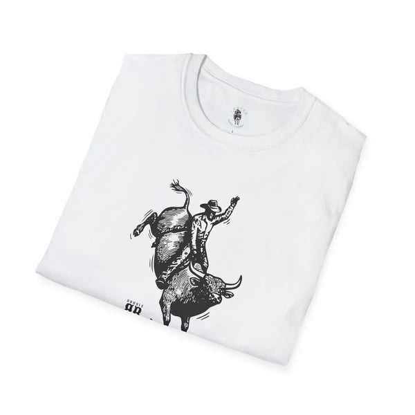 White folded men’s western graphic T-shirt with cowboy illustration print