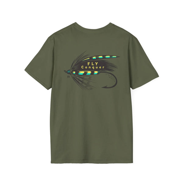 Military green crewneck T-shirt with large Fly Conquer fly and lure graphic
