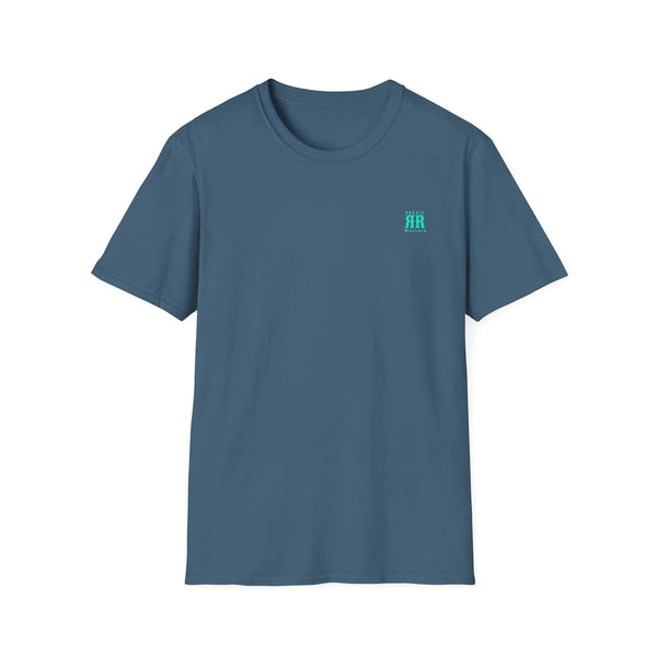 Blue crewneck tee with small turquoise chest logo