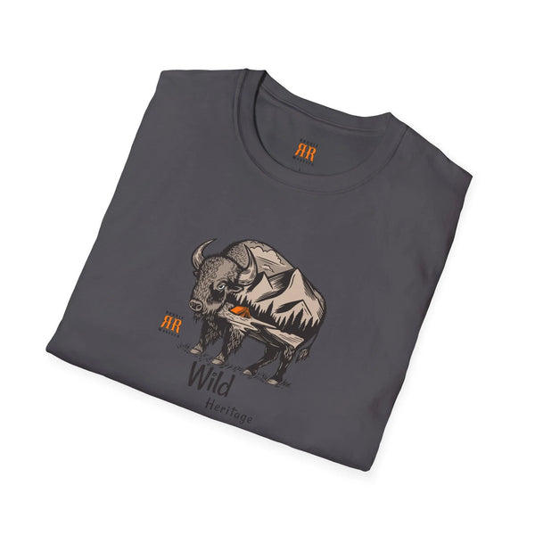 Charcoal crewneck T-shirt with bison graphic and Wild Heritage text